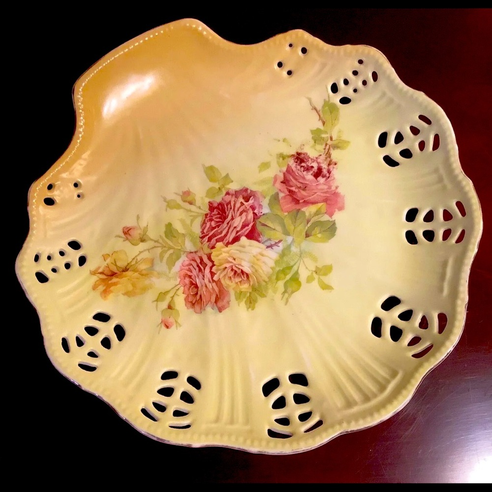 Vintage Reticulated Shell Shaped Porcelain Dish, Hand Painted Roses
